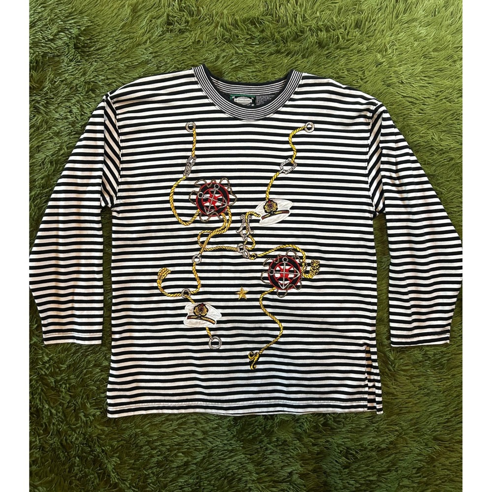 La Chine Knitwear Women Medium Black Embroidered Striped Long Sleeve Vintage